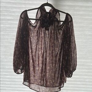 Elegant Sheer burgundy print Floral Women's Top.  Size L. Open shoulder.